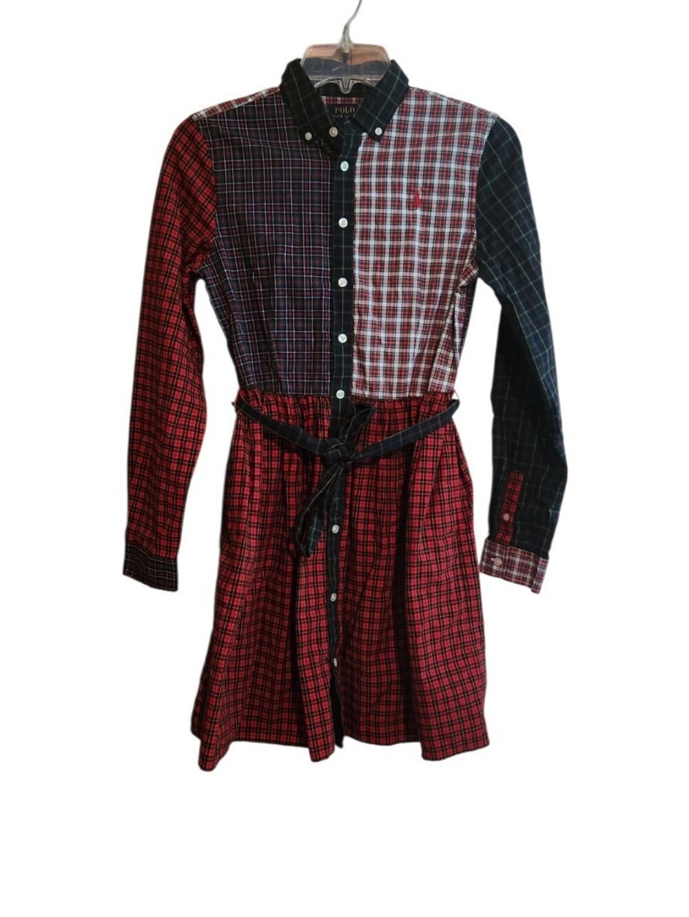 Polo by Ralph Lauren Mixed Tartan Plaid Button-Down Dress in Red, Black, White